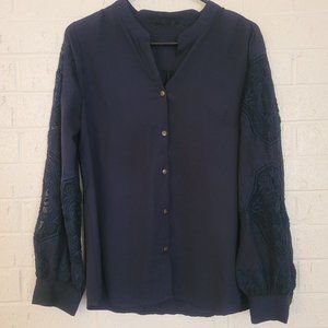 navy blue rose embroidered sleeve button up office blouse